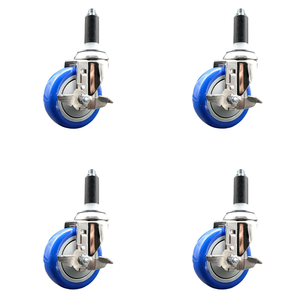 Polyurethane Swivel Stem Caster Set of 4 with 4 Inch Blue Caster Wheels - 1" Expanding Stems - 316 Stainless Steel Casters - Includes 4 Swivel Casters with Top Lock Brakes - Service Caster Brand — photo 1