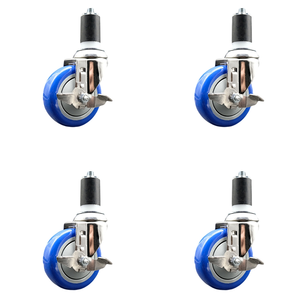 Polyurethane Swivel Stem Caster Set of 4 with 4 Inch Blue Caster Wheels - 1-1/2" Expanding Stems - 316 Stainless Steel Casters - Includes 4 Swivel Casters with Top Lock Brakes - Service Caster Brand — photo 1
