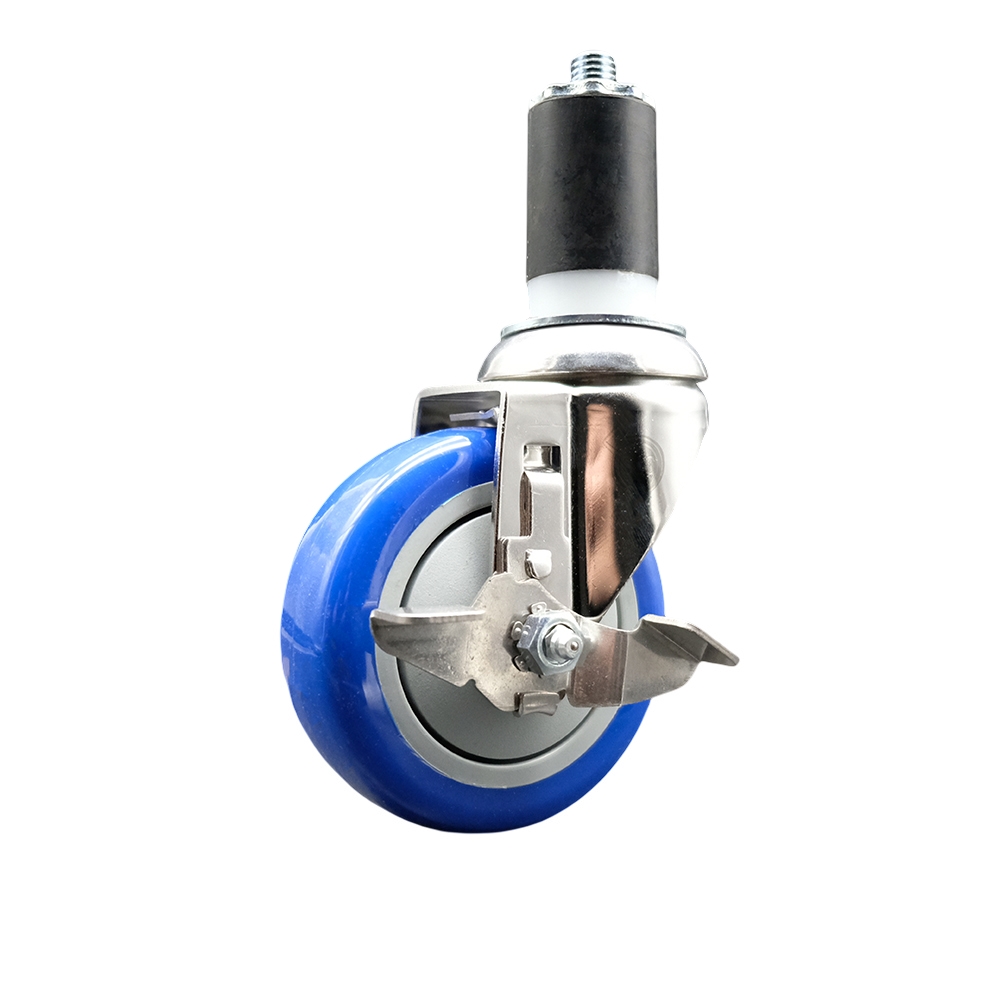 Polyurethane Swivel Stem Caster with 4 Inch Blue Caster Wheel and Top Lock Brake - 1-1/2" Expanding Stem - 316 Stainless Steel Caster - 350 lbs. Capacity Per Caster - Service Caster Brand — photo 1