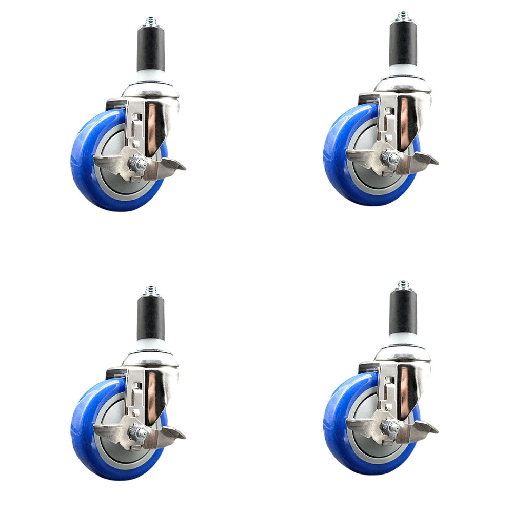 Polyurethane Swivel Stem Caster Set of 4 with 4 Inch Blue Caster Wheels - 1-1/4" Expanding Stems - 316 Stainless Steel Casters - Includes 4 Swivel Casters with Top Lock Brakes - Service Caster Brand — photo 1