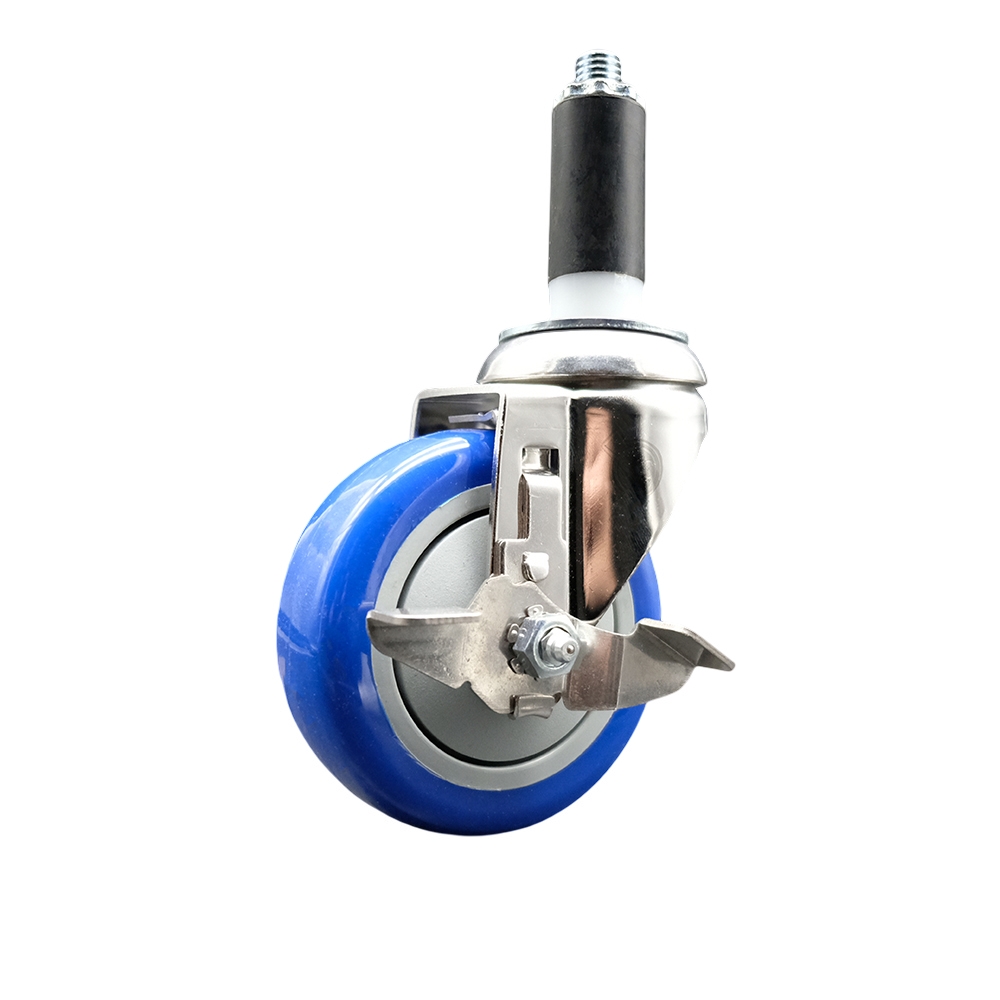 Polyurethane Swivel Stem Caster with 4 Inch Blue Caster Wheel and Top Lock Brake - 1-1/8" Expanding Stem - 316 Stainless Steel Caster - 350 lbs. Capacity Per Caster - Service Caster Brand — photo 1