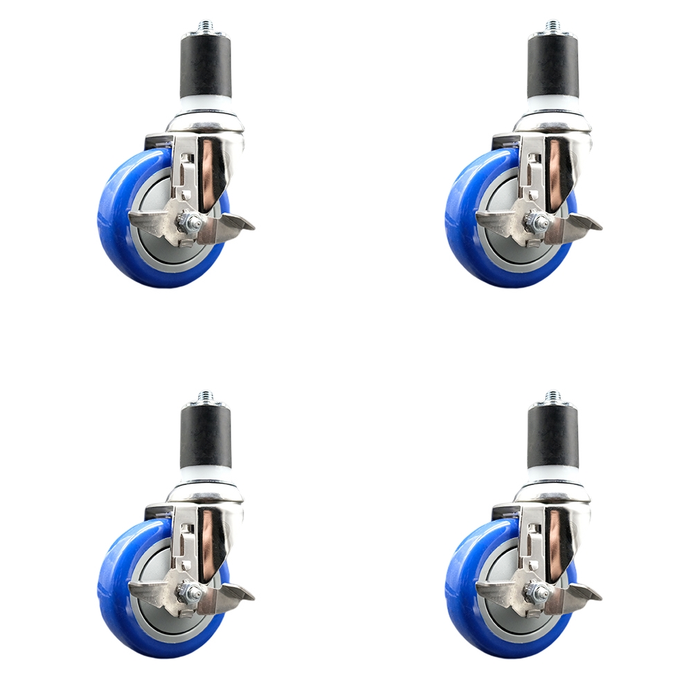Polyurethane Swivel Stem Caster Set of 4 with 4 Inch Blue Caster Wheels - 1-3/4" Expanding Stems - 316 Stainless Steel Casters - Includes 4 Swivel Casters with Top Lock Brakes - Service Caster Brand — photo 1
