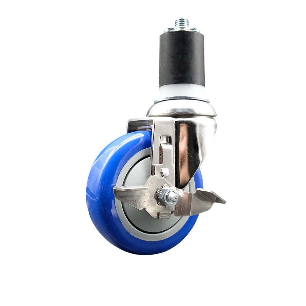 Polyurethane Swivel Stem Caster with 4 Inch Blue Caster Wheel and Top Lock Brake - 1-3/4" Expanding Stem - 316 Stainless Steel Caster - 350 lbs. Capacity Per Caster - Service Caster Brand — photo 1
