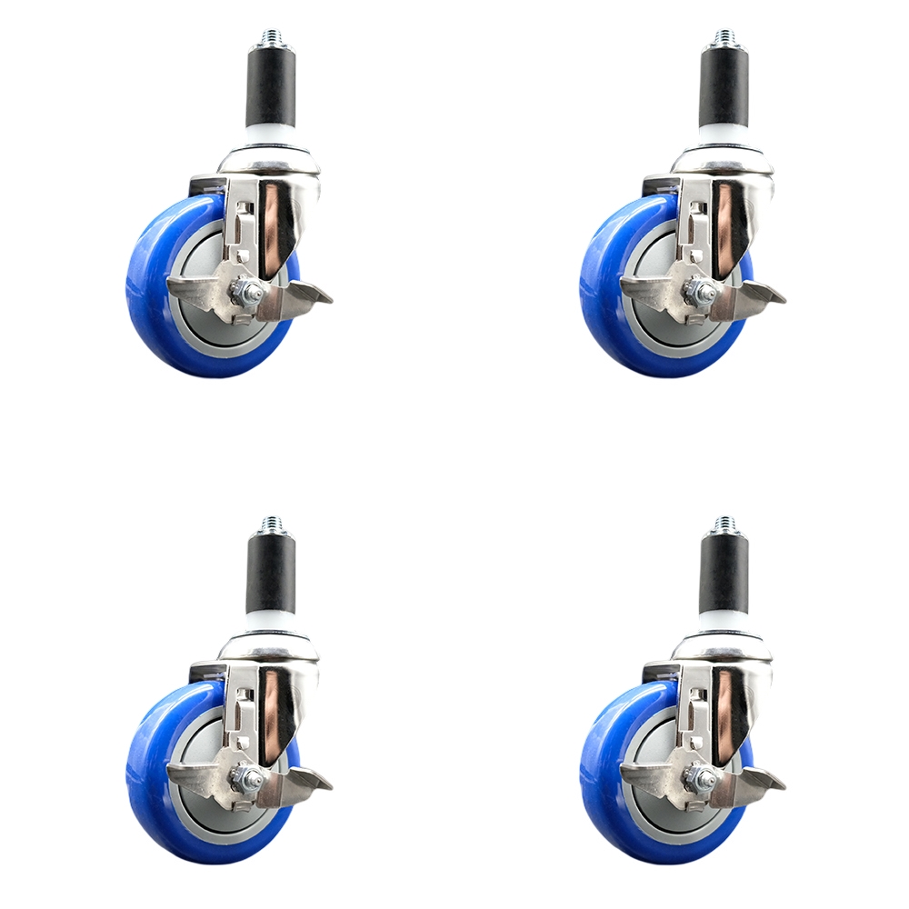 Polyurethane Swivel Stem Caster Set of 4 with 4 Inch Blue Caster Wheels - 1-3/8" Expanding Stems - 316 Stainless Steel Casters - Includes 4 Swivel Casters with Top Lock Brakes - Service Caster Brand — photo 1