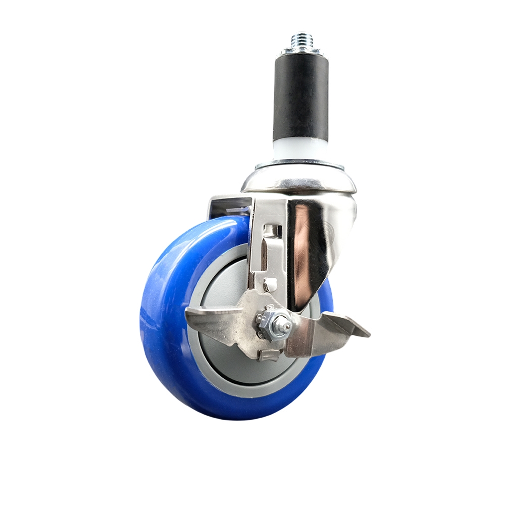 Polyurethane Swivel Stem Caster with 4 Inch Blue Caster Wheel and Top Lock Brake - 1-3/8" Expanding Stem - 316 Stainless Steel Caster - 350 lbs. Capacity Per Caster - Service Caster Brand — photo 1