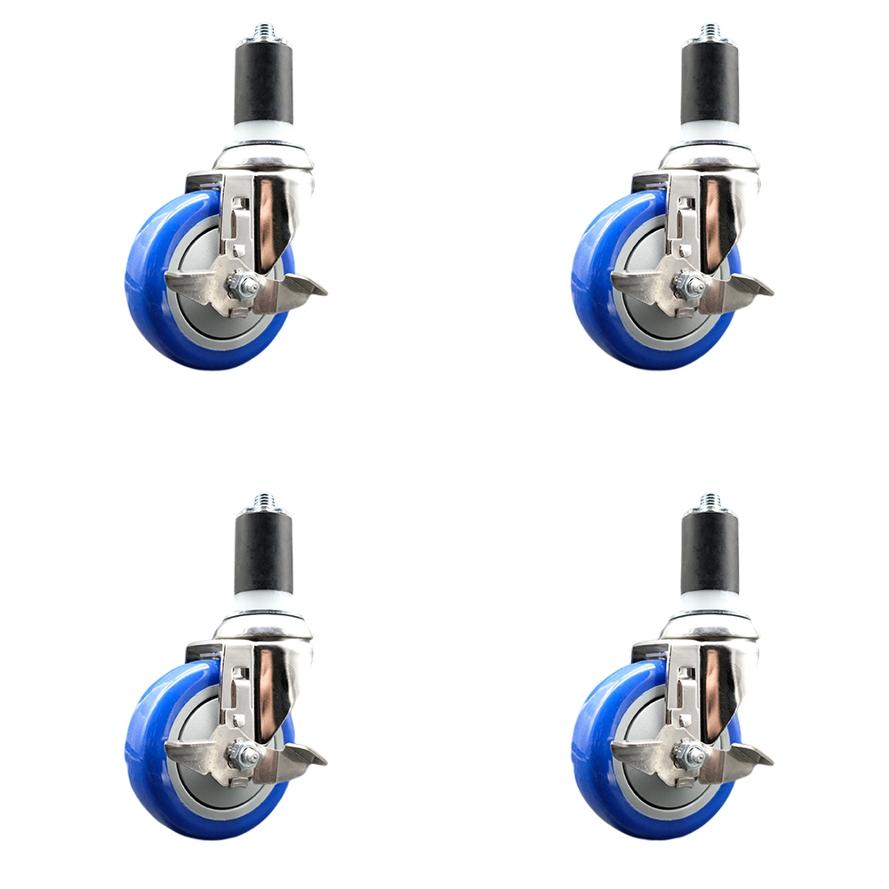 Polyurethane Swivel Stem Caster Set of 4 with 4 Inch Blue Caster Wheels - 1-5/8" Expanding Stems - 316 Stainless Steel Casters - Includes 4 Swivel Casters with Top Lock Brakes - Service Caster Brand — photo 1
