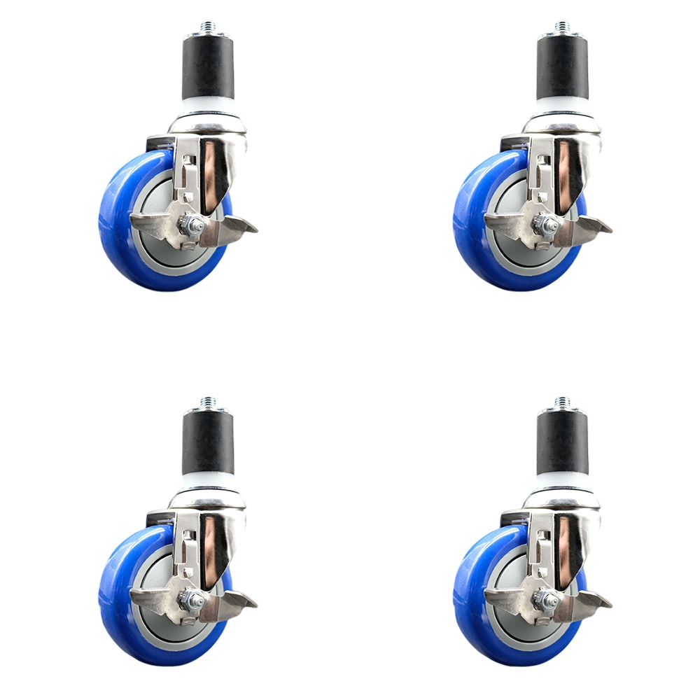 Polyurethane Swivel Stem Caster Set of 4 with 4 Inch Blue Caster Wheels - 1-7/8" Expanding Stems - 316 Stainless Steel Casters - Includes 4 Swivel Casters with Top Lock Brakes - Service Caster Brand — photo 1
