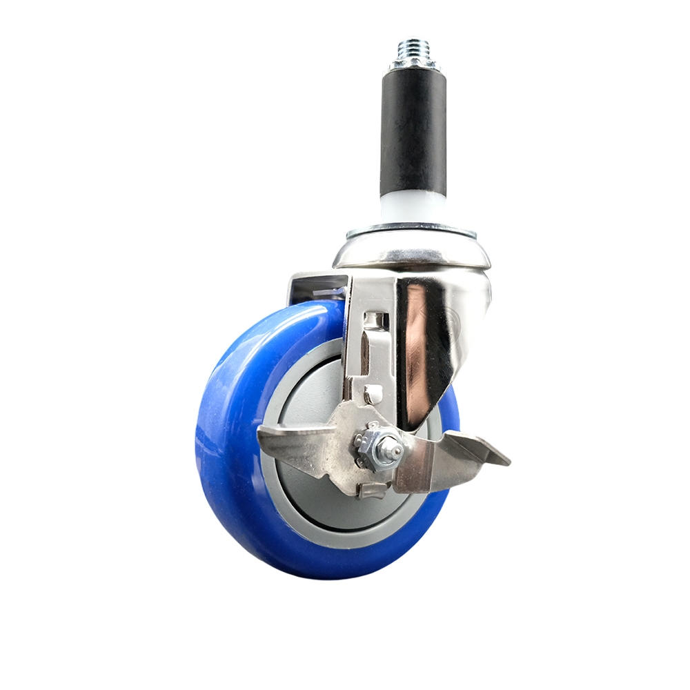 Polyurethane Swivel Stem Caster with 4 Inch Blue Caster Wheel and Top Lock Brake - 1" Expanding Stem - 316 Stainless Steel Caster - 350 lbs. Capacity Per Caster - Service Caster Brand — photo 1