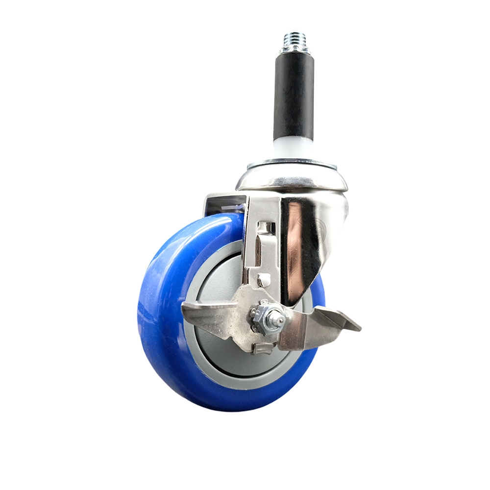 Polyurethane Swivel Stem Caster with 4 Inch Blue Caster Wheel and Top Lock Brake - 7/8" Expanding Stem - 316 Stainless Steel Caster - 350 lbs. Capacity Per Caster - Service Caster Brand — photo 1