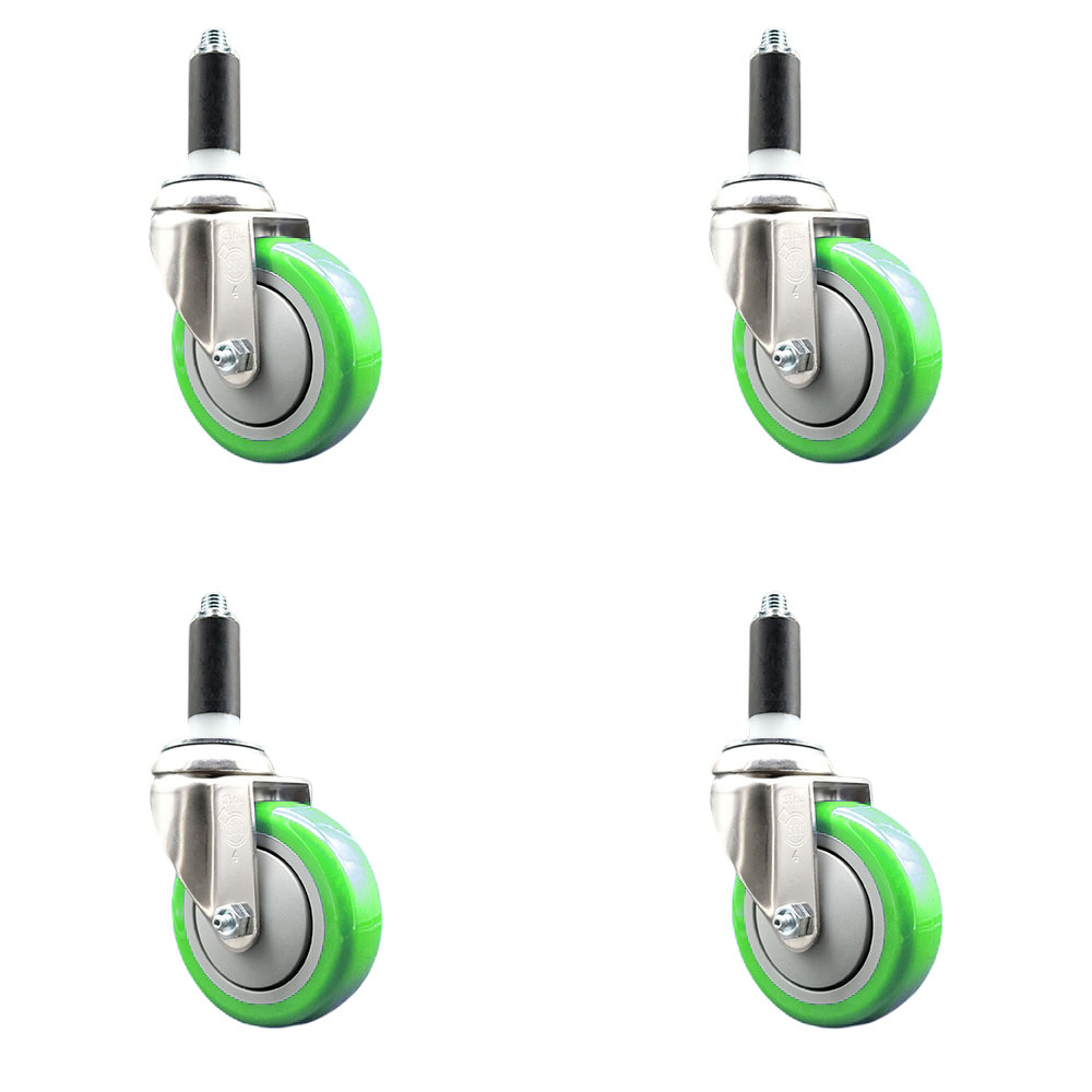 Polyurethane Swivel Stem Caster Set of 4 with 4 Inch Green Caster Wheels - 1" Expanding Stems - 316 Stainless Steel Casters - Includes 4 Swivel Casters - Service Caster Brand — photo 1