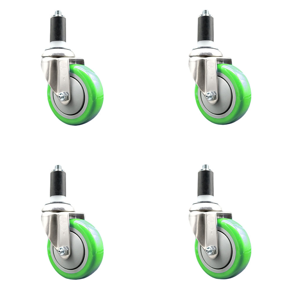 Polyurethane Swivel Stem Caster Set of 4 with 4 Inch Green Caster Wheels - 1-3/8" Expanding Stems - 316 Stainless Steel Casters - Includes 4 Swivel Casters - Service Caster Brand — photo 1