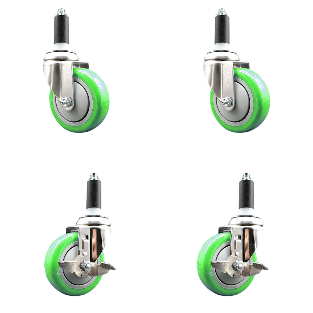 Polyurethane Swivel Stem Caster Set of 4 with 4 Inch Green Caster Wheels - 1" Expanding Stems - 316 Stainless Steel Casters - Includes 2 Swivel with Top Lock Brakes and 2 Swivel - Service Caster Brand — photo 1