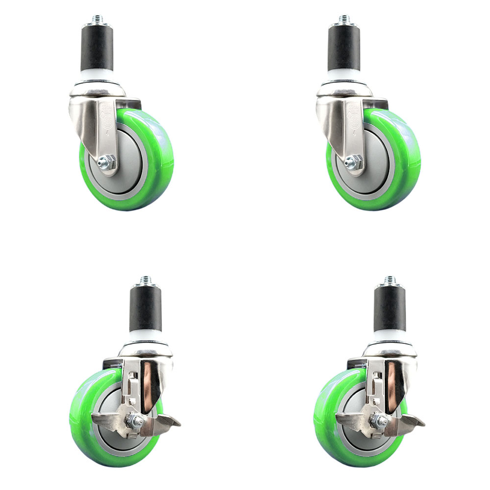 Polyurethane Swivel Stem Caster Set of 4 with 4 Inch Green Caster Wheels - 1-1/2" Expanding Stems - 316 Stainless Steel Casters-Includes 2 Swivel with Top Lock Brakes and 2 Swivel-Service Caster Brand — photo 1