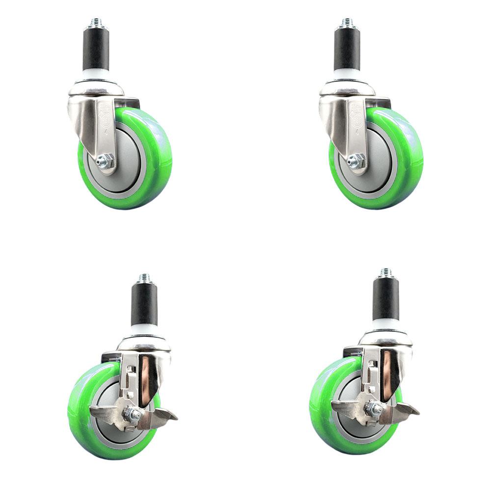 Polyurethane Swivel Stem Caster Set of 4 with 4 Inch Green Caster Wheels - 1-1/4" Expanding Stems - 316 Stainless Steel Casters-Includes 2 Swivel with Top Lock Brakes and 2 Swivel-Service Caster Brand — photo 1