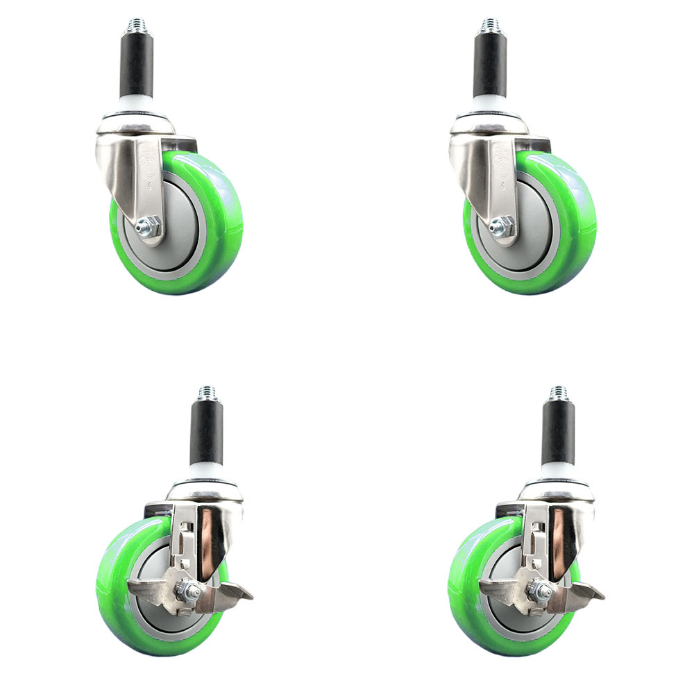 Polyurethane Swivel Stem Caster Set of 4 with 4 Inch Green Caster Wheels - 1-1/8" Expanding Stems - 316 Stainless Steel Casters-Includes 2 Swivel with Top Lock Brakes and 2 Swivel-Service Caster Brand — photo 1
