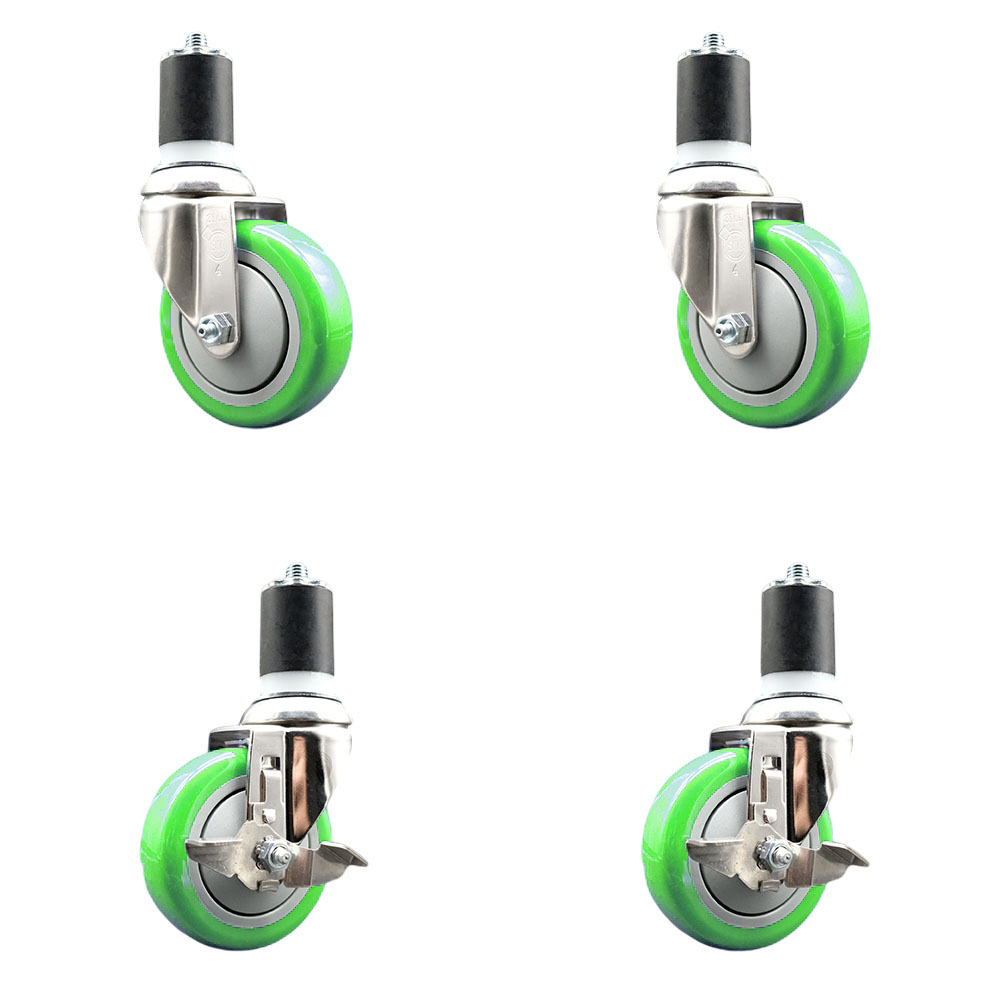 Polyurethane Swivel Stem Caster Set of 4 with 4 Inch Green Caster Wheels - 1-3/4" Expanding Stems - 316 Stainless Steel Casters-Includes 2 Swivel with Top Lock Brakes and 2 Swivel-Service Caster Brand — photo 1