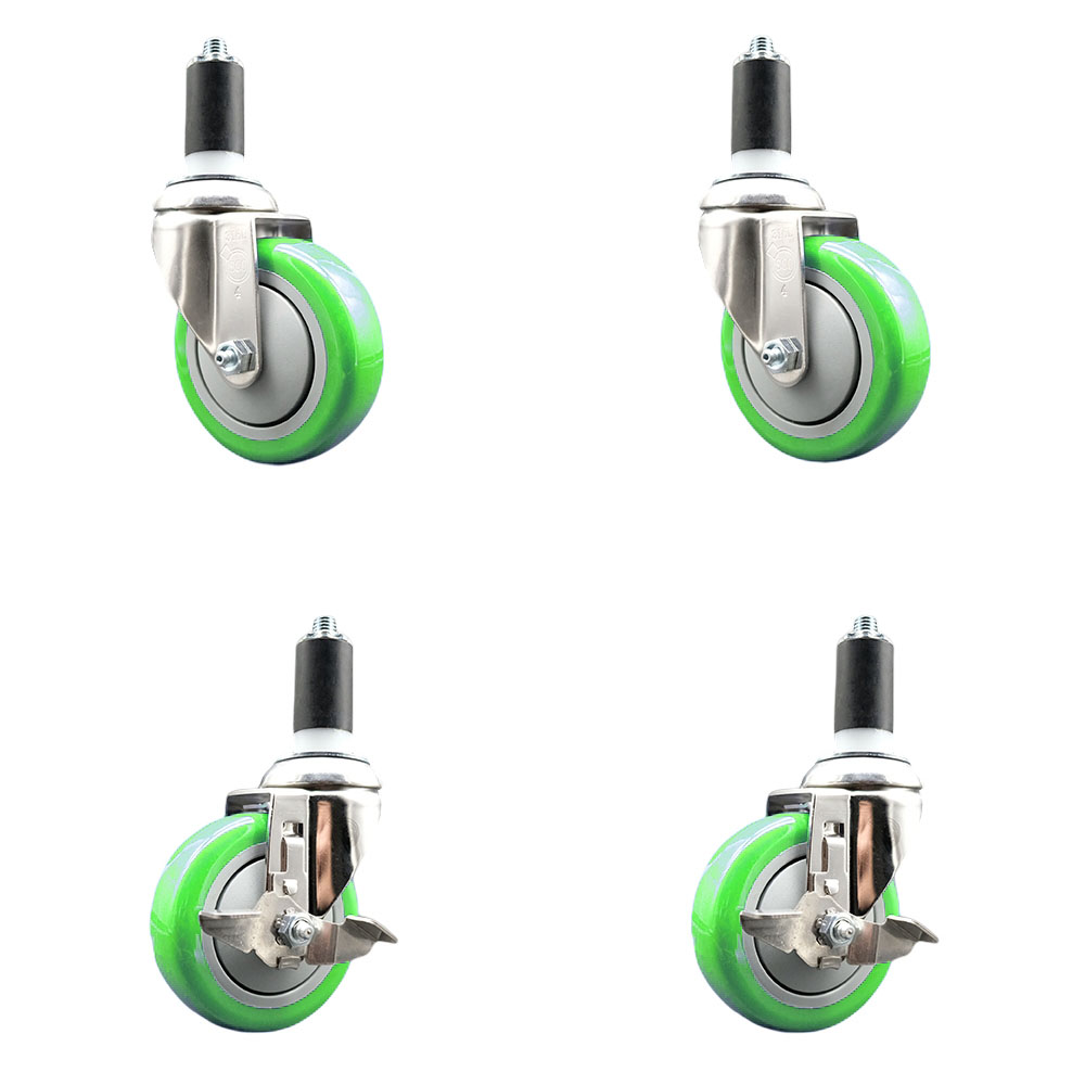 Polyurethane Swivel Stem Caster Set of 4 with 4 Inch Green Caster Wheels - 1-3/8" Expanding Stems - 316 Stainless Steel Casters-Includes 2 Swivel with Top Lock Brakes and 2 Swivel-Service Caster Brand — photo 1