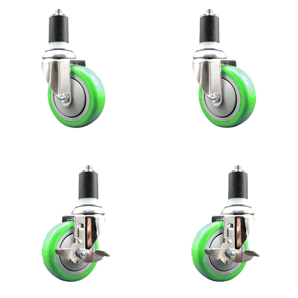 Polyurethane Swivel Stem Caster Set of 4 with 4 Inch Green Caster Wheels - 1-5/8" Expanding Stems - 316 Stainless Steel Casters-Includes 2 Swivel with Top Lock Brakes and 2 Swivel-Service Caster Brand — photo 1