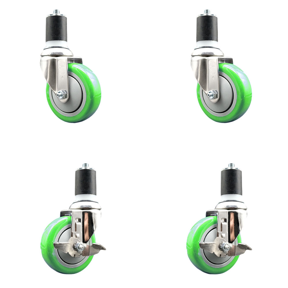 Polyurethane Swivel Stem Caster Set of 4 with 4 Inch Green Caster Wheels - 1-7/8" Expanding Stems - 316 Stainless Steel Casters-Includes 2 Swivel with Top Lock Brakes and 2 Swivel-Service Caster Brand — photo 1