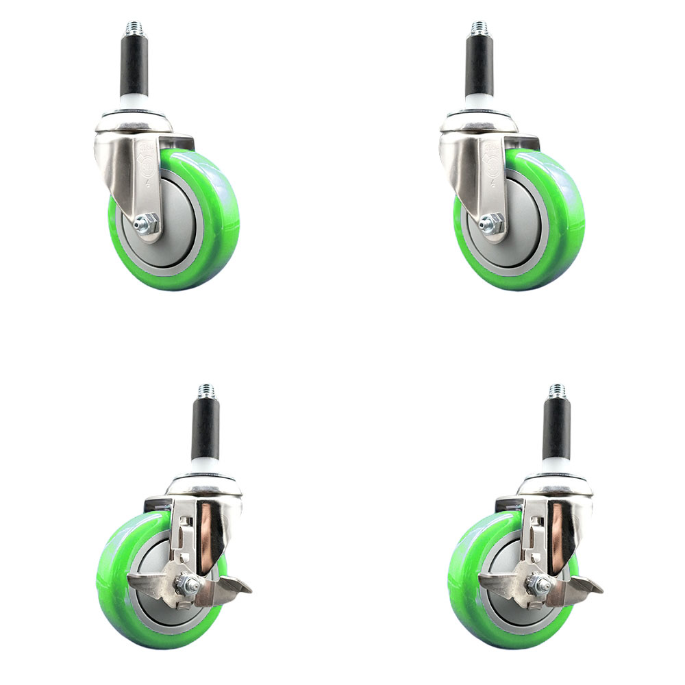 Polyurethane Swivel Stem Caster Set of 4 with 4 Inch Green Caster Wheels - 3/4" Expanding Stems - 316 Stainless Steel Casters - Includes 2 Swivel with Top Lock Brakes and 2 Swivel-Service Caster Brand — photo 1