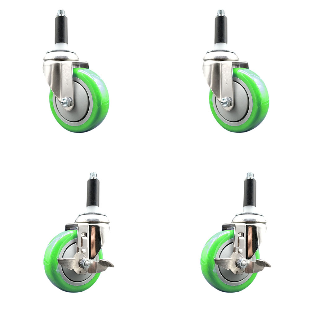 Polyurethane Swivel Stem Caster Set of 4 with 4 Inch Green Caster Wheels - 7/8" Expanding Stems - 316 Stainless Steel Casters - Includes 2 Swivel with Top Lock Brakes and 2 Swivel-Service Caster Brand — photo 1