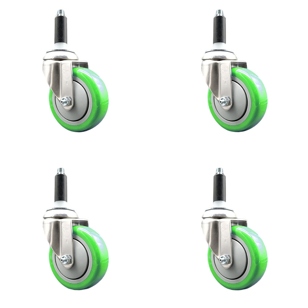 Polyurethane Swivel Stem Caster Set of 4 with 4 Inch Green Caster Wheels - 7/8" Expanding Stems - 316 Stainless Steel Casters - Includes 4 Swivel Casters - Service Caster Brand — photo 1
