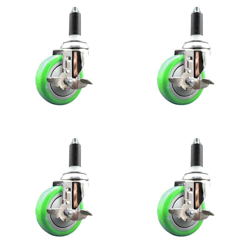 Polyurethane Swivel Stem Caster Set of 4 with 4 Inch Green Caster Wheels - 1" Expanding Stems - 316 Stainless Steel Casters - Includes 4 Swivel Casters with Top Lock Brakes - Service Caster Brand — photo 1