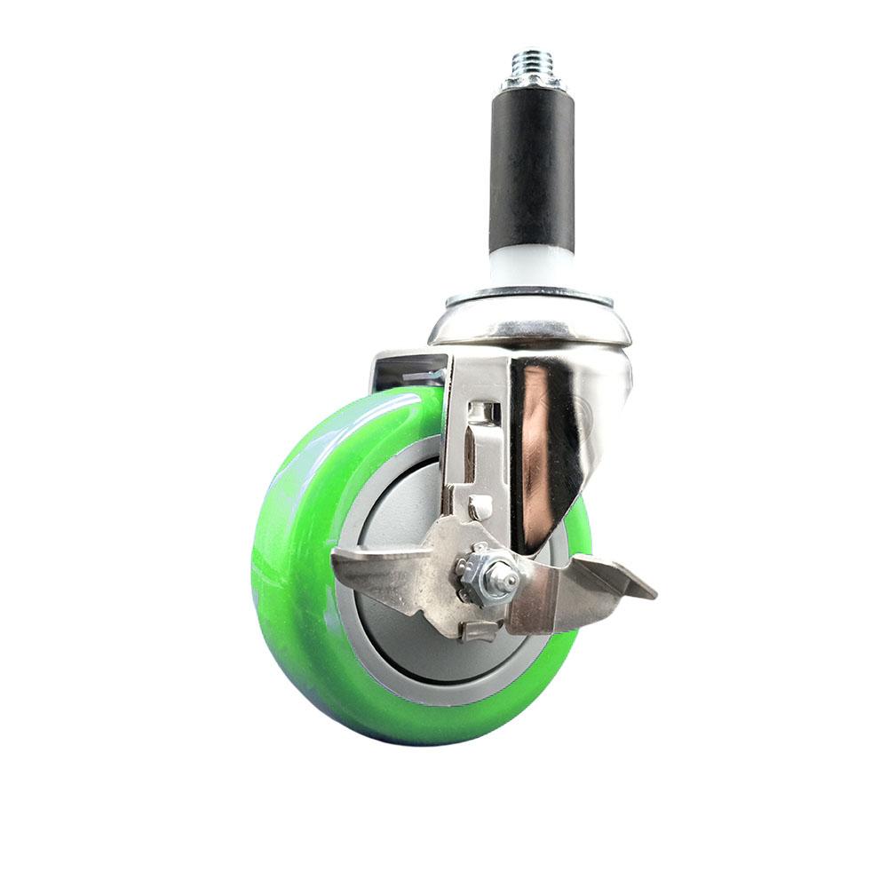 Polyurethane Swivel Stem Caster with 4 Inch Green Caster Wheel and Top Lock Brake - 1" Expanding Stem - 316 Stainless Steel Caster - 350 lbs. Capacity Per Caster - Service Caster Brand — photo 1