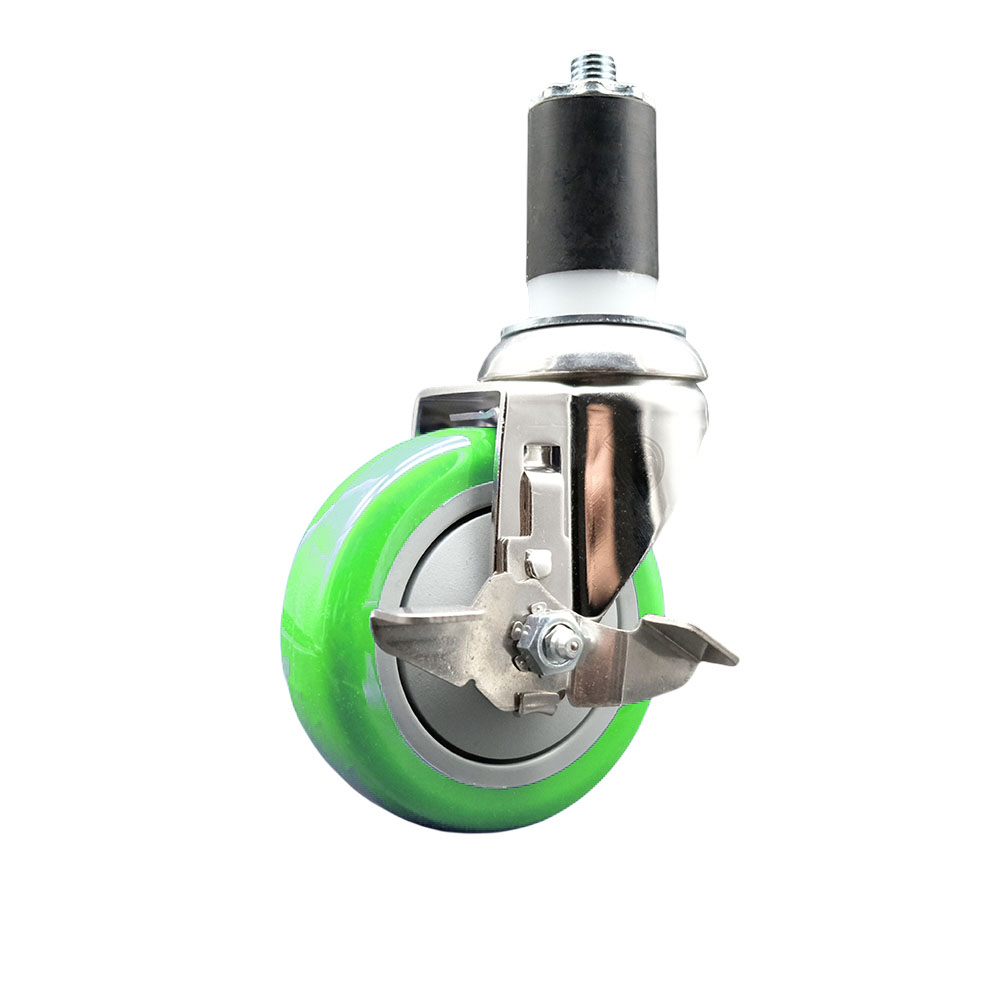 Polyurethane Swivel Stem Caster with 4 Inch Green Caster Wheel and Top Lock Brake - 1-1/2" Expanding Stem - 316 Stainless Steel Caster - 350 lbs. Capacity Per Caster - Service Caster Brand — photo 1