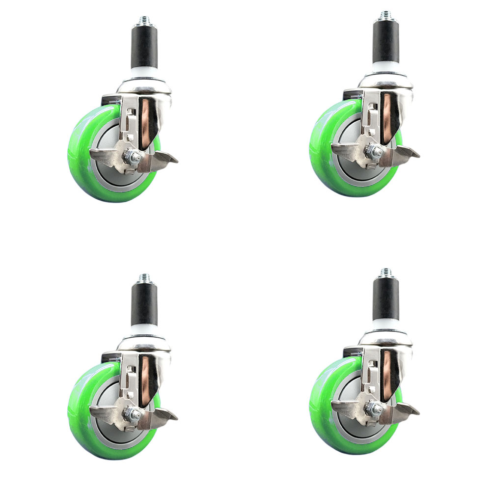 Polyurethane Swivel Stem Caster Set of 4 with 4 Inch Green Caster Wheels - 1-1/4" Expanding Stems - 316 Stainless Steel Casters - Includes 4 Swivel Casters with Top Lock Brakes - Service Caster Brand — photo 1