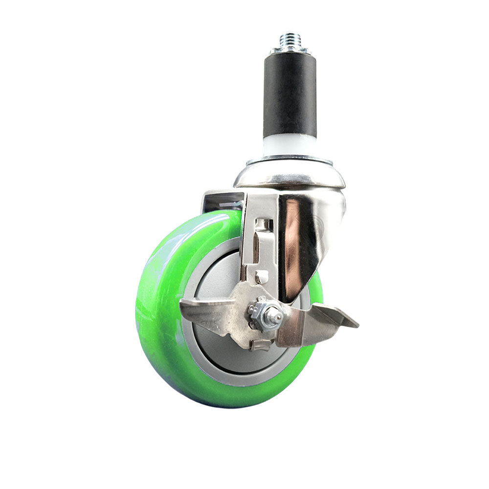 Polyurethane Swivel Stem Caster with 4 Inch Green Caster Wheel and Top Lock Brake - 1-1/4" Expanding Stem - 316 Stainless Steel Caster - 350 lbs. Capacity Per Caster - Service Caster Brand — photo 1