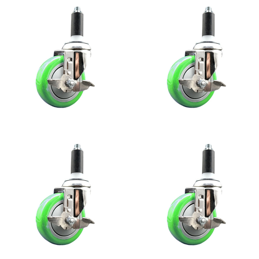 Polyurethane Swivel Stem Caster Set of 4 with 4 Inch Green Caster Wheels - 1-1/8" Expanding Stems - 316 Stainless Steel Casters - Includes 4 Swivel Casters with Top Lock Brakes - Service Caster Brand — photo 1