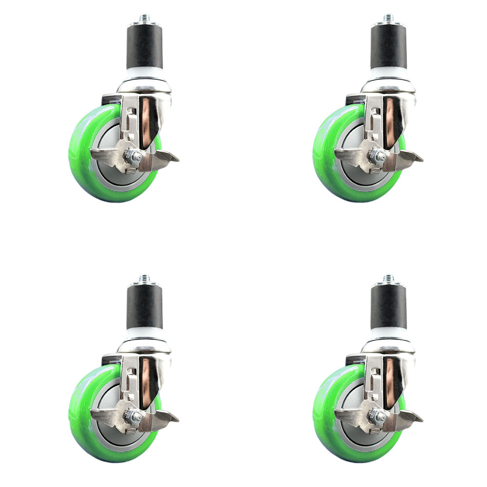 Polyurethane Swivel Stem Caster Set of 4 with 4 Inch Green Caster Wheels - 1-3/4" Expanding Stems - 316 Stainless Steel Casters - Includes 4 Swivel Casters with Top Lock Brakes - Service Caster Brand — photo 1