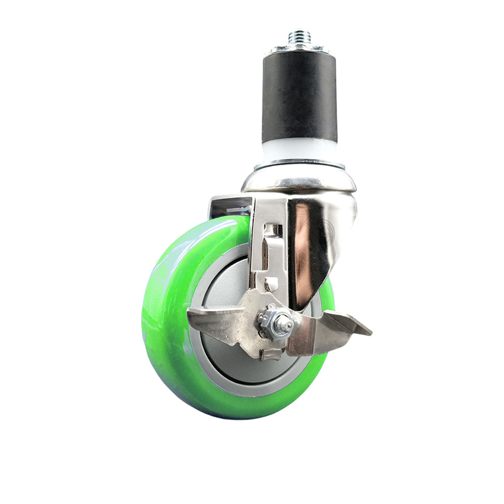 Polyurethane Swivel Stem Caster with 4 Inch Green Caster Wheel and Top Lock Brake - 1-3/4" Expanding Stem - 316 Stainless Steel Caster - 350 lbs. Capacity Per Caster - Service Caster Brand — photo 1