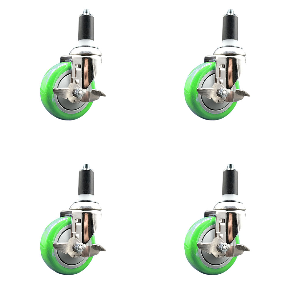 Polyurethane Swivel Stem Caster Set of 4 with 4 Inch Green Caster Wheels - 1-3/8" Expanding Stems - 316 Stainless Steel Casters - Includes 4 Swivel Casters with Top Lock Brakes - Service Caster Brand — photo 1