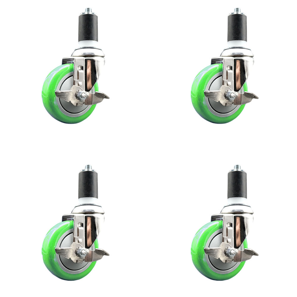Polyurethane Swivel Stem Caster Set of 4 with 4 Inch Green Caster Wheels - 1-5/8" Expanding Stems - 316 Stainless Steel Casters - Includes 4 Swivel Casters with Top Lock Brakes - Service Caster Brand — photo 1
