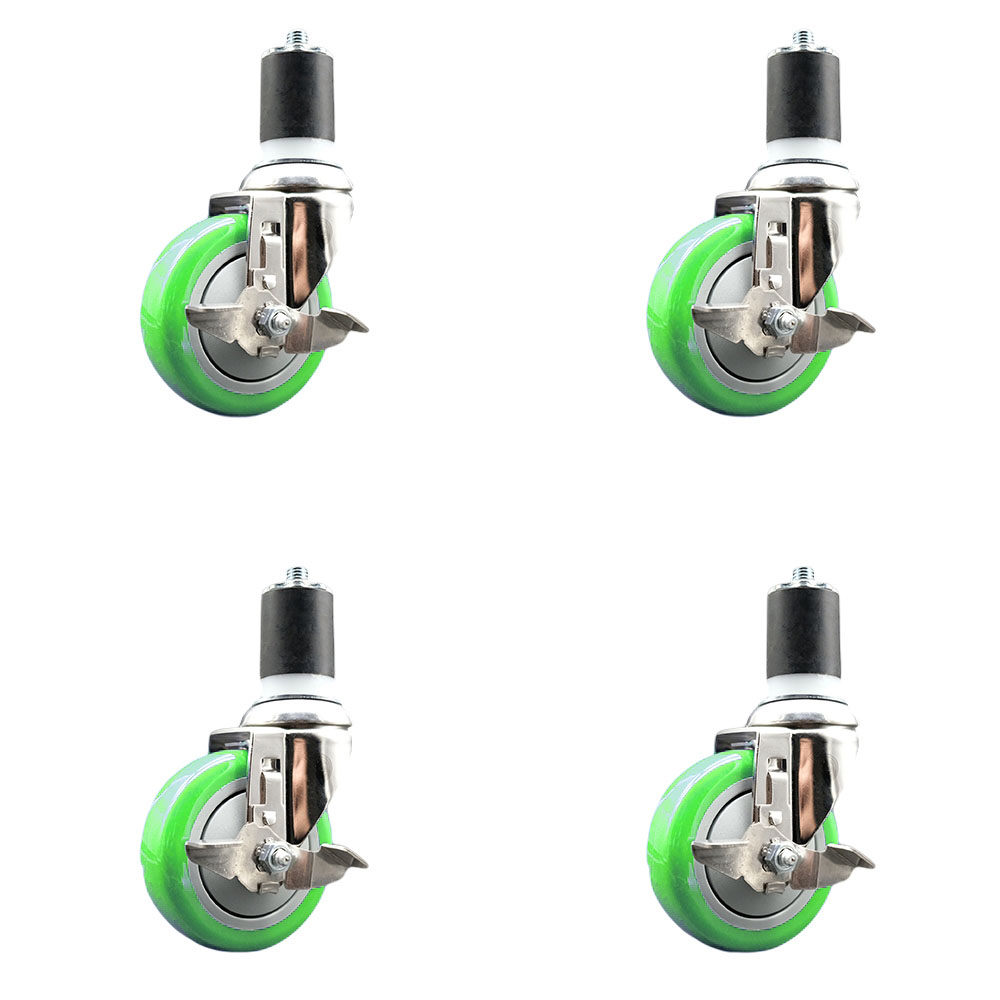 Polyurethane Swivel Stem Caster Set of 4 with 4 Inch Green Caster Wheels - 1-7/8" Expanding Stems - 316 Stainless Steel Casters - Includes 4 Swivel Casters with Top Lock Brakes - Service Caster Brand — photo 1