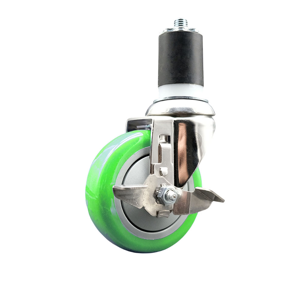 Polyurethane Swivel Stem Caster with 4 Inch Green Caster Wheel and Top Lock Brake - 1-7/8" Expanding Stem - 316 Stainless Steel Caster - 350 lbs. Capacity Per Caster - Service Caster Brand — photo 1
