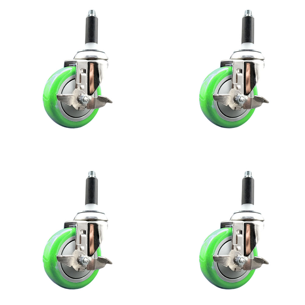 Polyurethane Swivel Stem Caster Set of 4 with 4 Inch Green Caster Wheels - 3/4" Expanding Stems - 316 Stainless Steel Casters - Includes 4 Swivel Casters with Top Lock Brakes - Service Caster Brand — photo 1