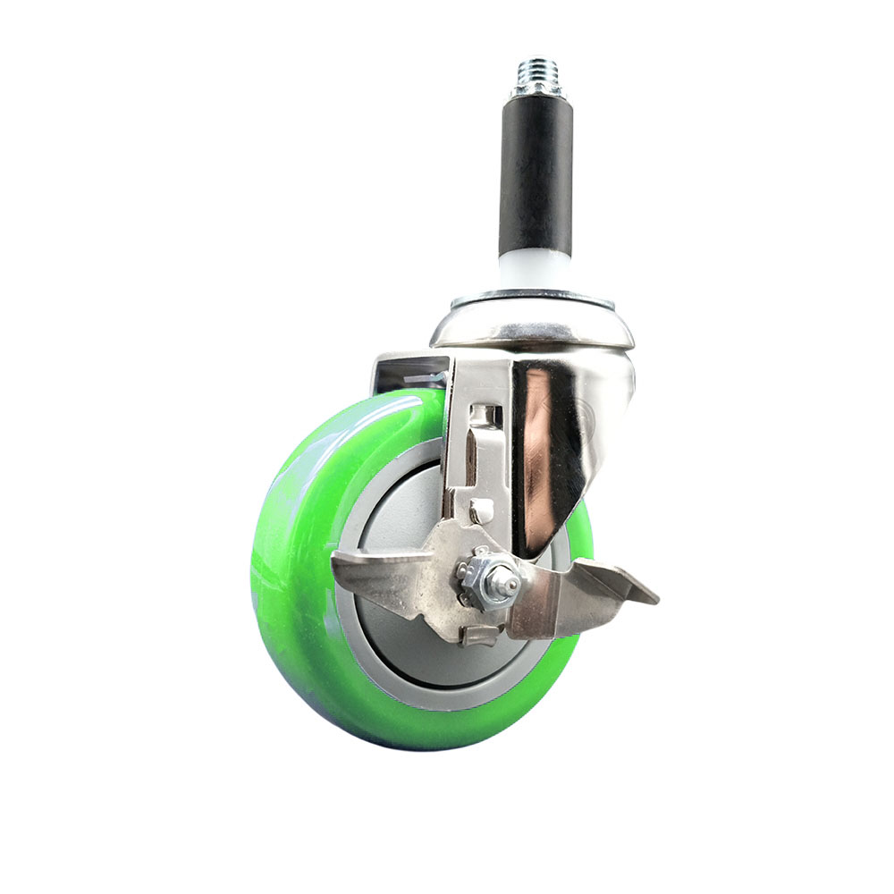 Polyurethane Swivel Stem Caster with 4 Inch Green Caster Wheel and Top Lock Brake - 3/4" Expanding Stem - 316 Stainless Steel Caster - 350 lbs. Capacity Per Caster - Service Caster Brand — photo 1