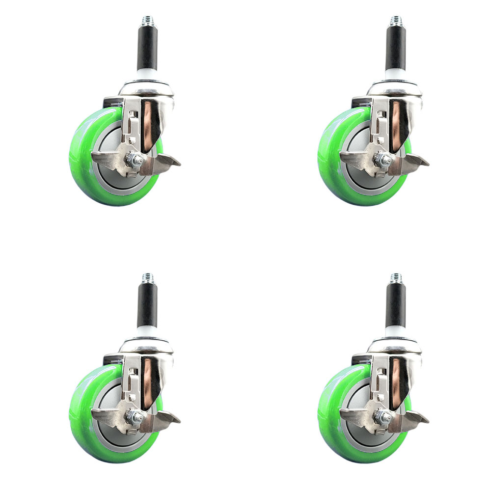 Polyurethane Swivel Stem Caster Set of 4 with 4 Inch Green Caster Wheels - 7/8" Expanding Stems - 316 Stainless Steel Casters - Includes 4 Swivel Casters with Top Lock Brakes - Service Caster Brand — photo 1
