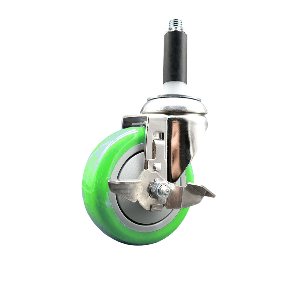 Polyurethane Swivel Stem Caster with 4 Inch Green Caster Wheel and Top Lock Brake - 7/8" Expanding Stem - 316 Stainless Steel Caster - 350 lbs. Capacity Per Caster - Service Caster Brand — photo 1