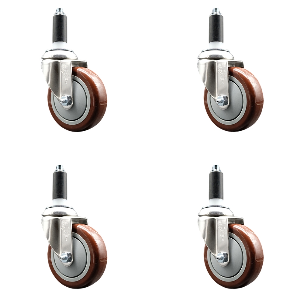 Polyurethane Swivel Stem Caster Set of 4 with 4 Inch Maroon Caster Wheels - 1" Expanding Stems - 316 Stainless Steel Casters - Includes 4 Swivel Casters - Service Caster Brand — photo 1