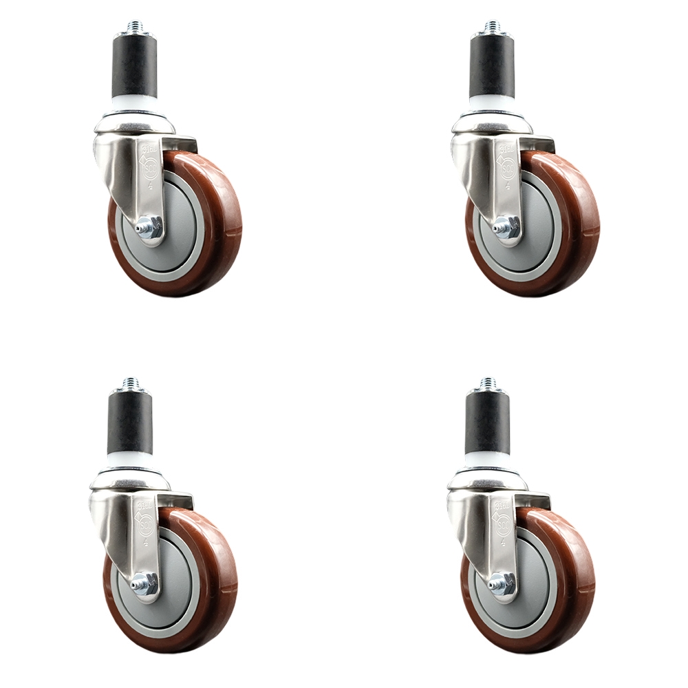 Polyurethane Swivel Stem Caster Set of 4 with 4 Inch Maroon Caster Wheels - 1-1/2" Expanding Stems - 316 Stainless Steel Casters - Includes 4 Swivel Casters - Service Caster Brand — photo 1