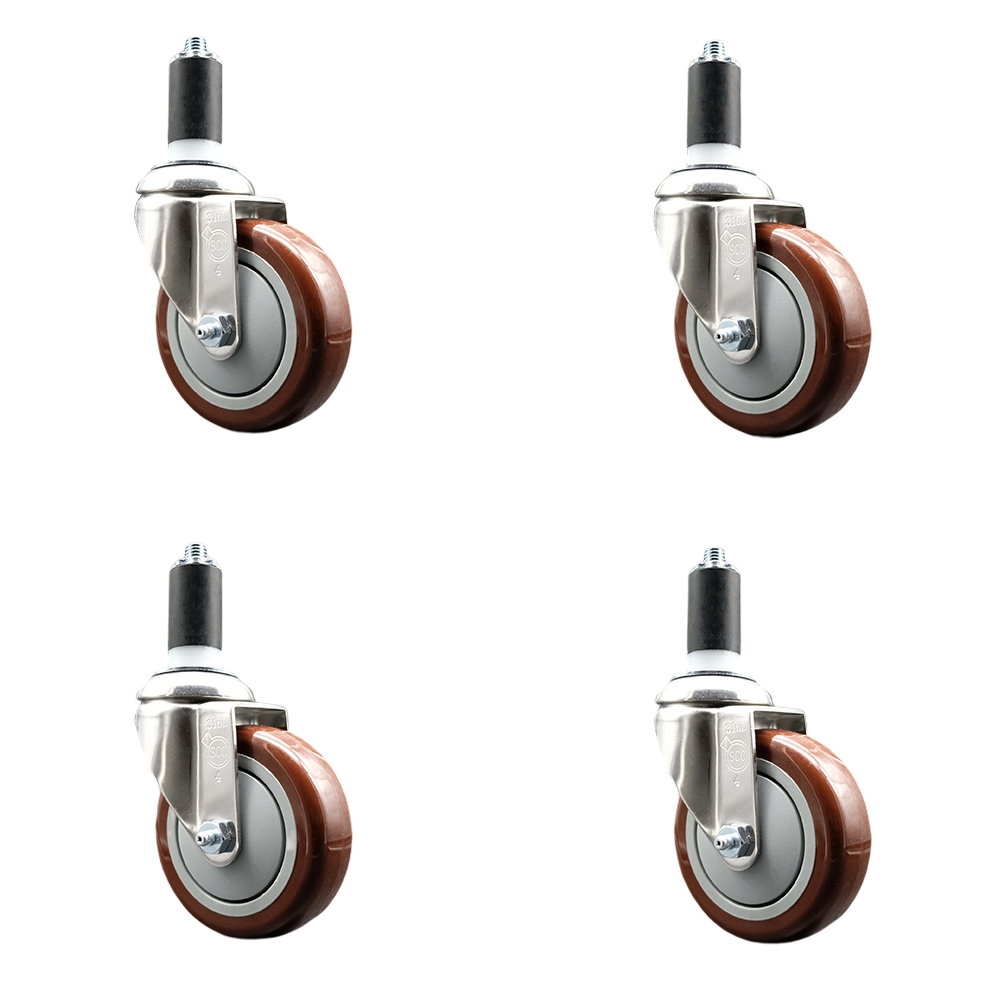 Polyurethane Swivel Stem Caster Set of 4 with 4 Inch Maroon Caster Wheels - 1-1/4" Expanding Stems - 316 Stainless Steel Casters - Includes 4 Swivel Casters - Service Caster Brand — photo 1