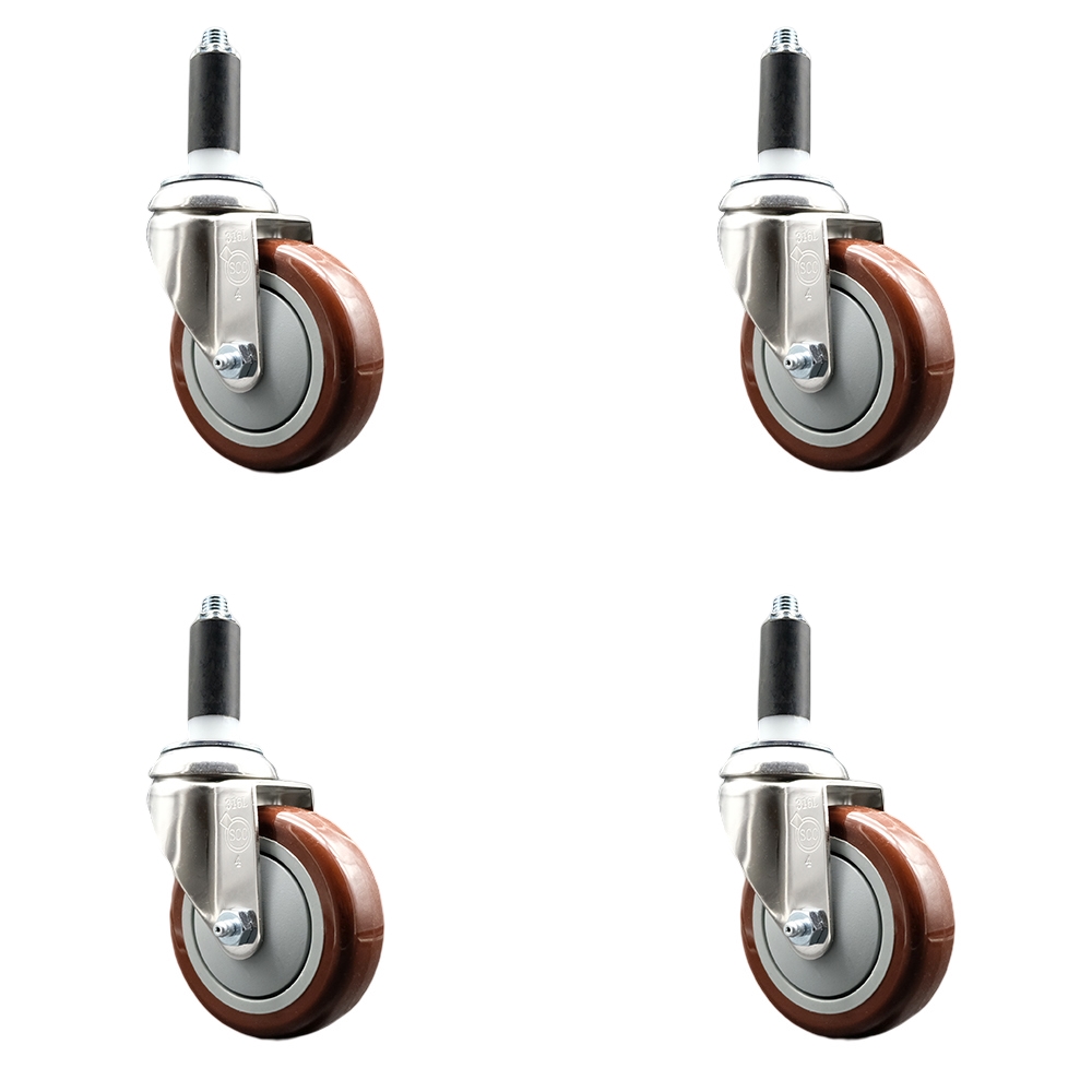 Polyurethane Swivel Stem Caster Set of 4 with 4 Inch Maroon Caster Wheels - 1-1/8" Expanding Stems - 316 Stainless Steel Casters - Includes 4 Swivel Casters - Service Caster Brand — photo 1