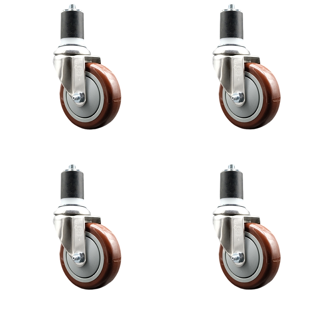 Polyurethane Swivel Stem Caster Set of 4 with 4 Inch Maroon Caster Wheels - 1-3/4" Expanding Stems - 316 Stainless Steel Casters - Includes 4 Swivel Casters - Service Caster Brand — photo 1
