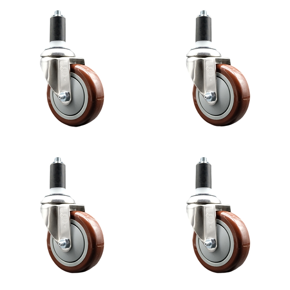 Polyurethane Swivel Stem Caster Set of 4 with 4 Inch Maroon Caster Wheels - 1-3/8" Expanding Stems - 316 Stainless Steel Casters - Includes 4 Swivel Casters - Service Caster Brand — photo 1