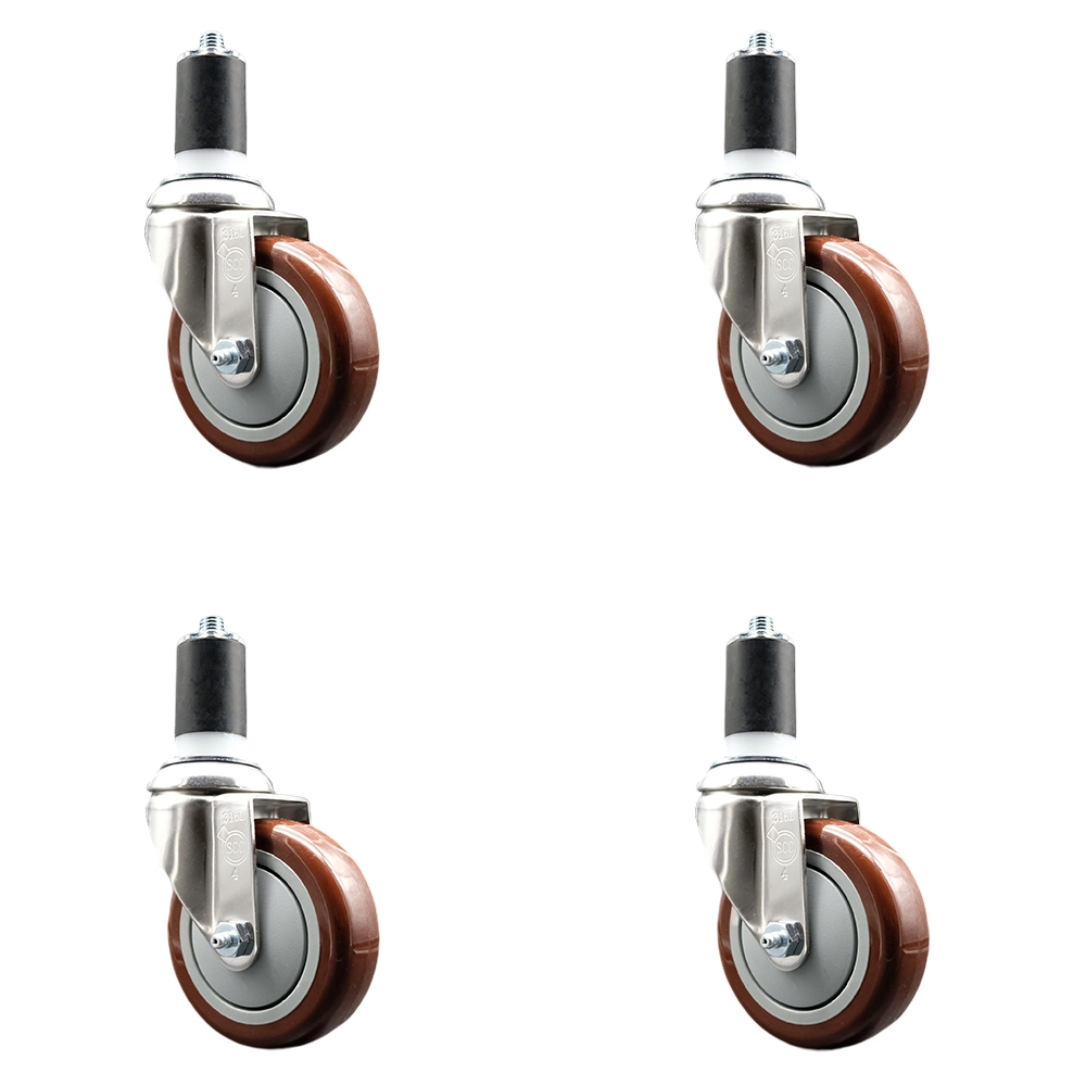 Polyurethane Swivel Stem Caster Set of 4 with 4 Inch Maroon Caster Wheels - 1-5/8" Expanding Stems - 316 Stainless Steel Casters - Includes 4 Swivel Casters - Service Caster Brand — photo 1