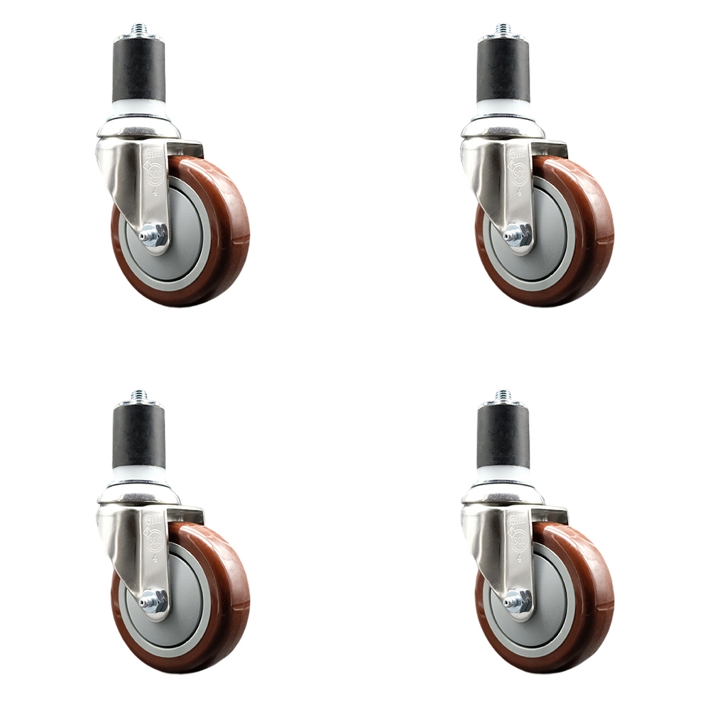 Polyurethane Swivel Stem Caster Set of 4 with 4 Inch Maroon Caster Wheels - 1-7/8" Expanding Stems - 316 Stainless Steel Casters - Includes 4 Swivel Casters - Service Caster Brand — photo 1